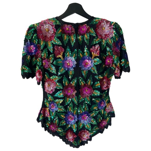 Vintage 90s Laurence Kazar Black Multicolor Floral Sequin Silk Short Sleeve Top - Picture 3 of 8
